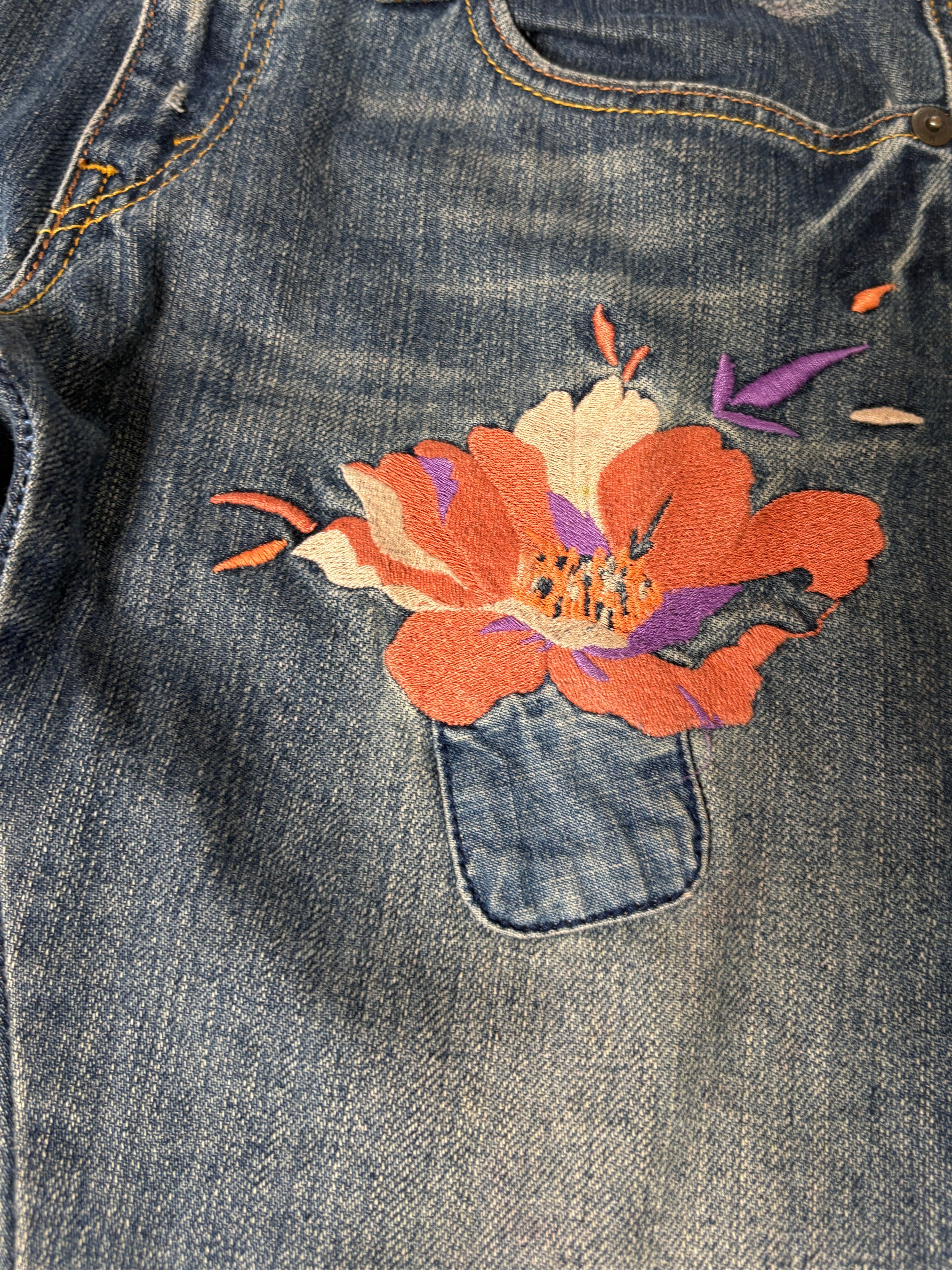 Floral Embroidered Low Rise Denim- 5