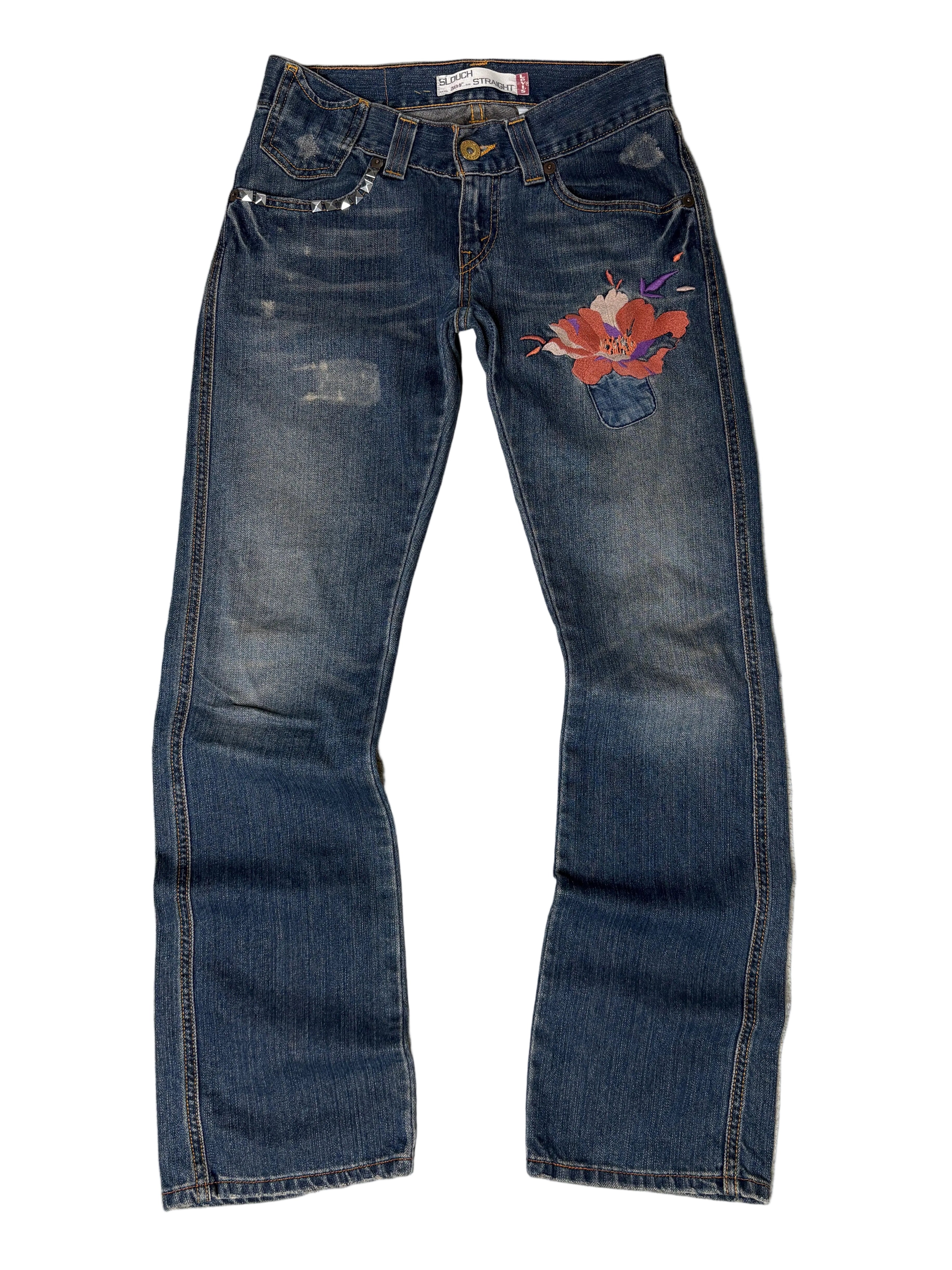 Floral Embroidered Low Rise Denim- 5