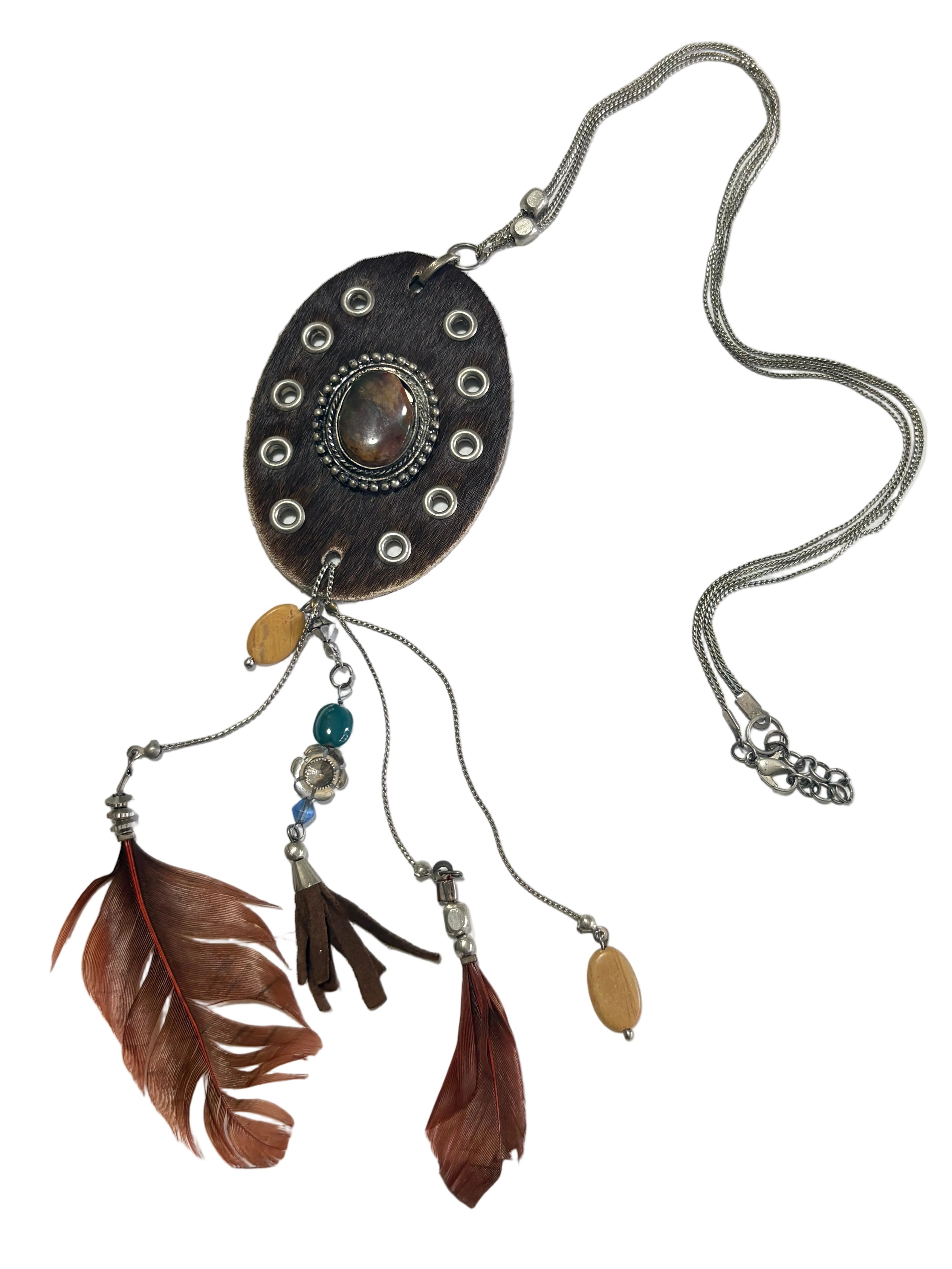 Boho Feather & Cowhide Necklace