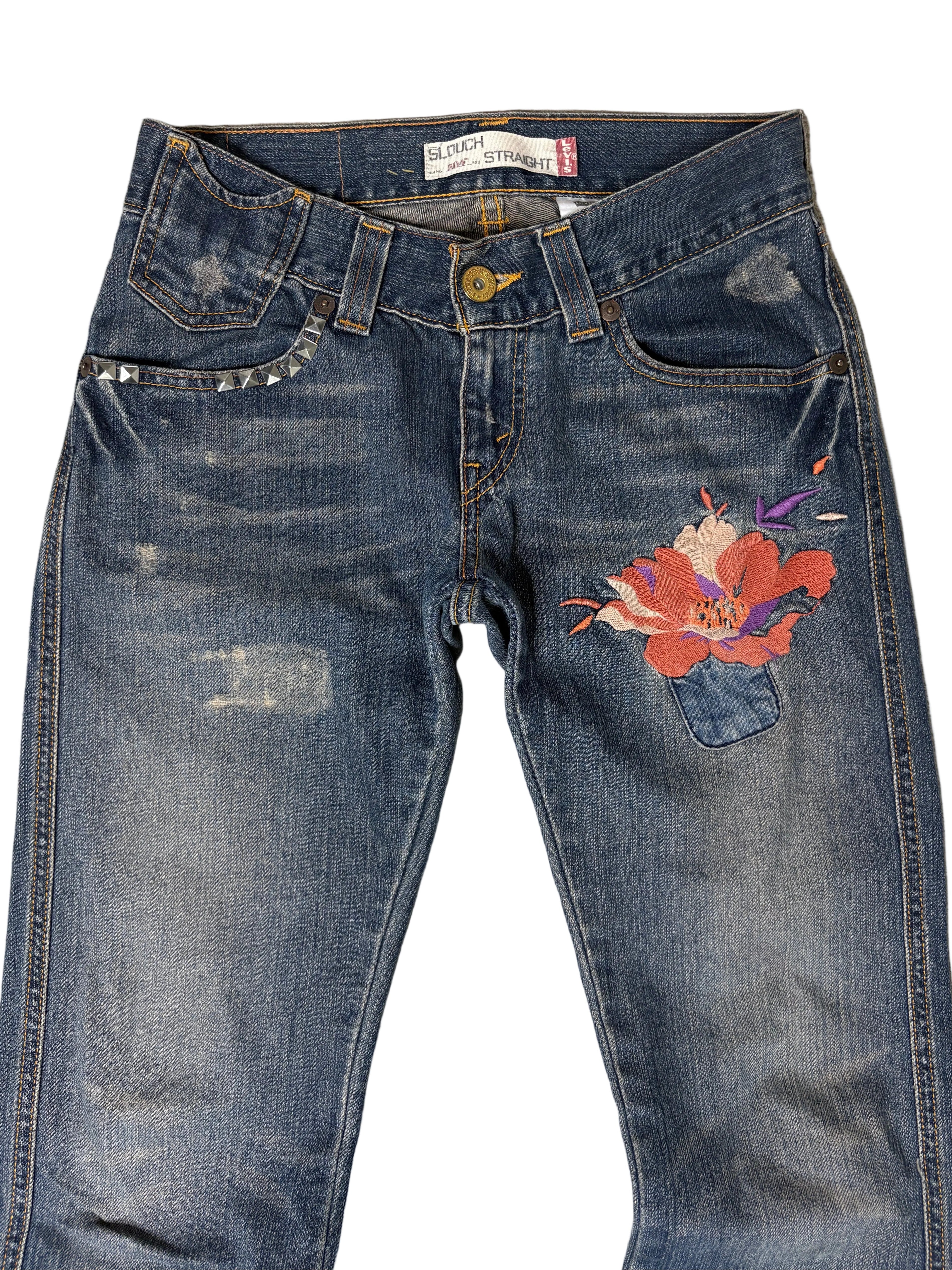 Floral Embroidered Low Rise Denim- 5