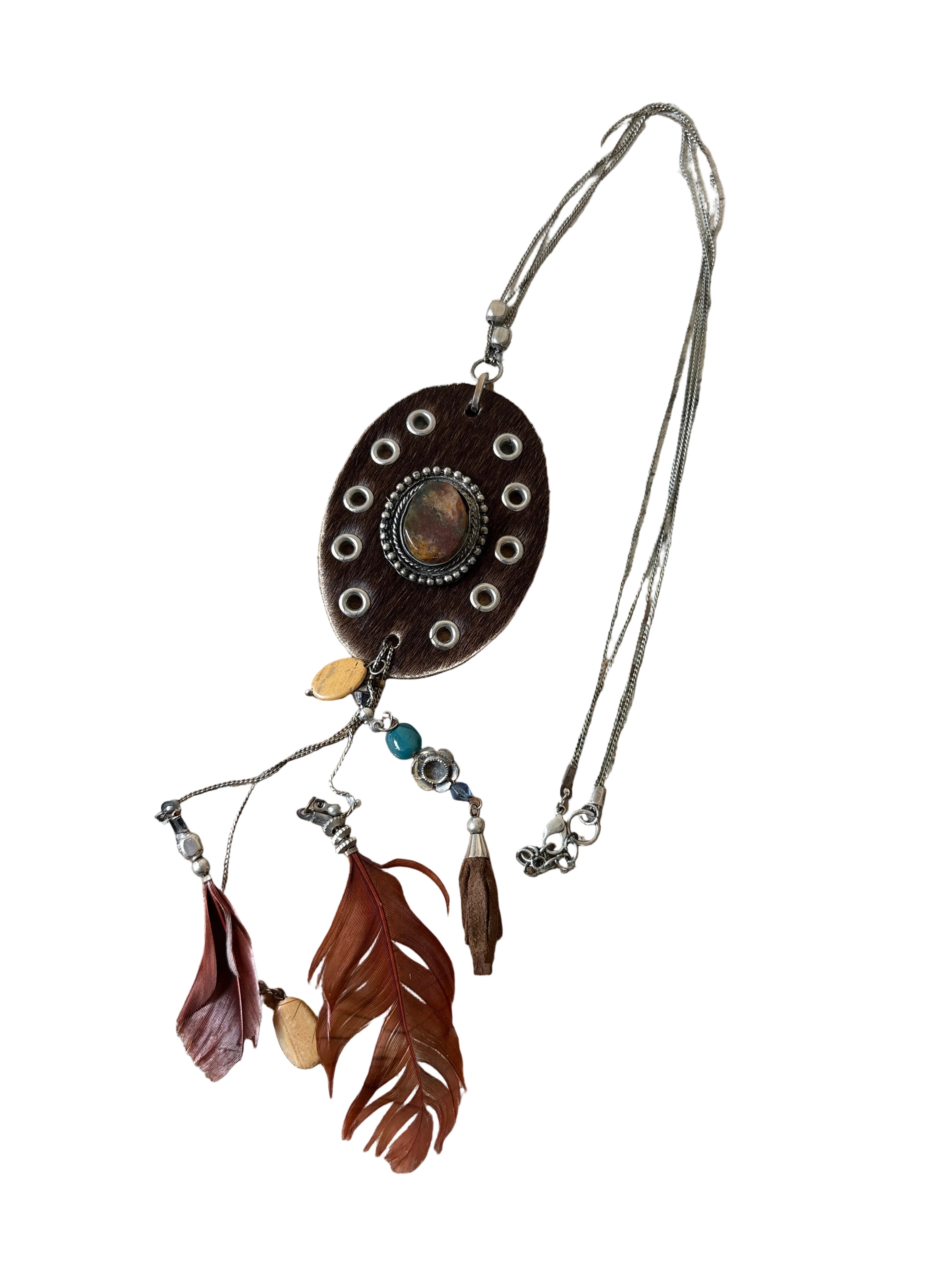 Boho Feather & Cowhide Necklace