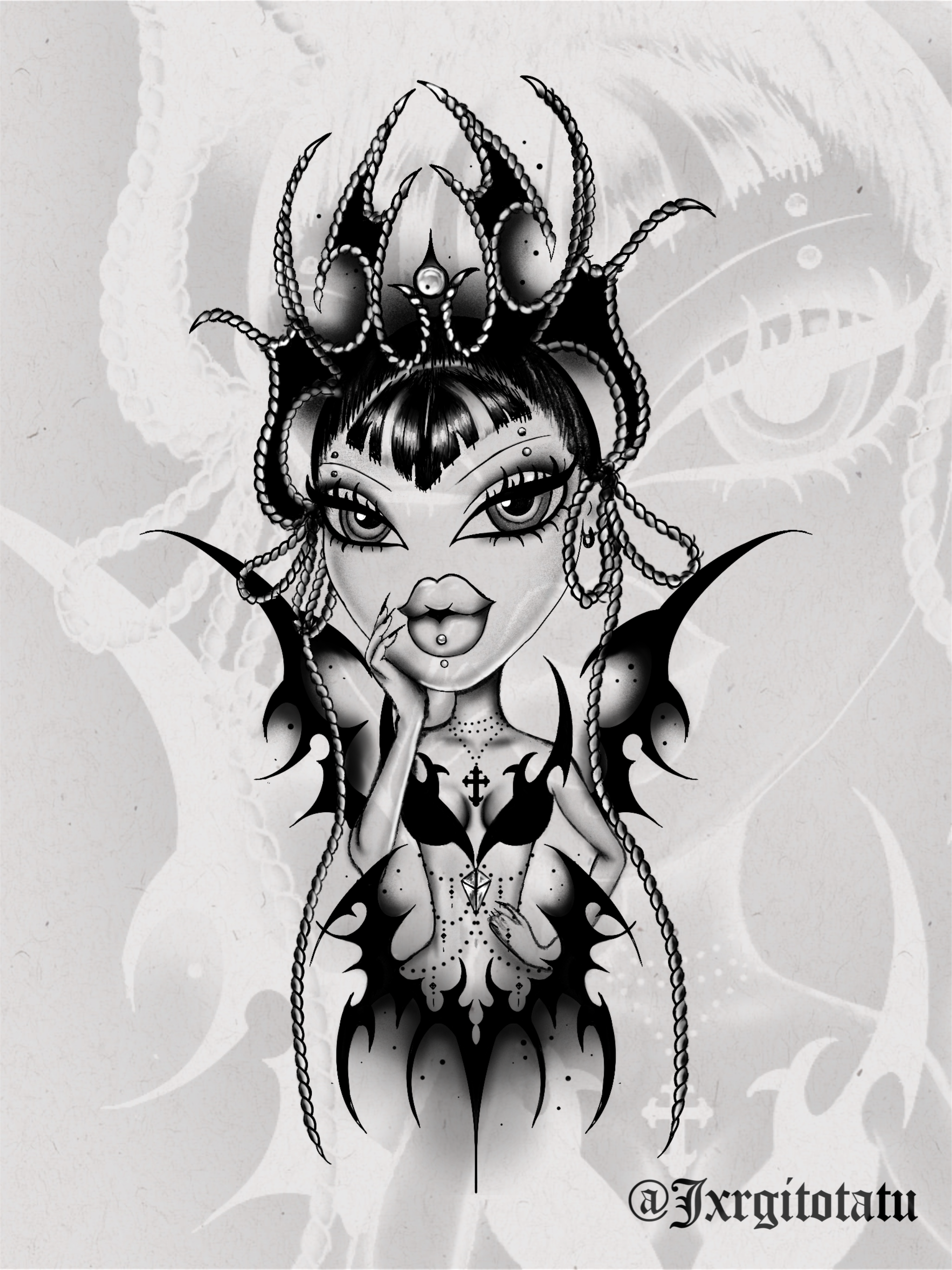 Black and white illustration of a stylized bratz with intricate designs 