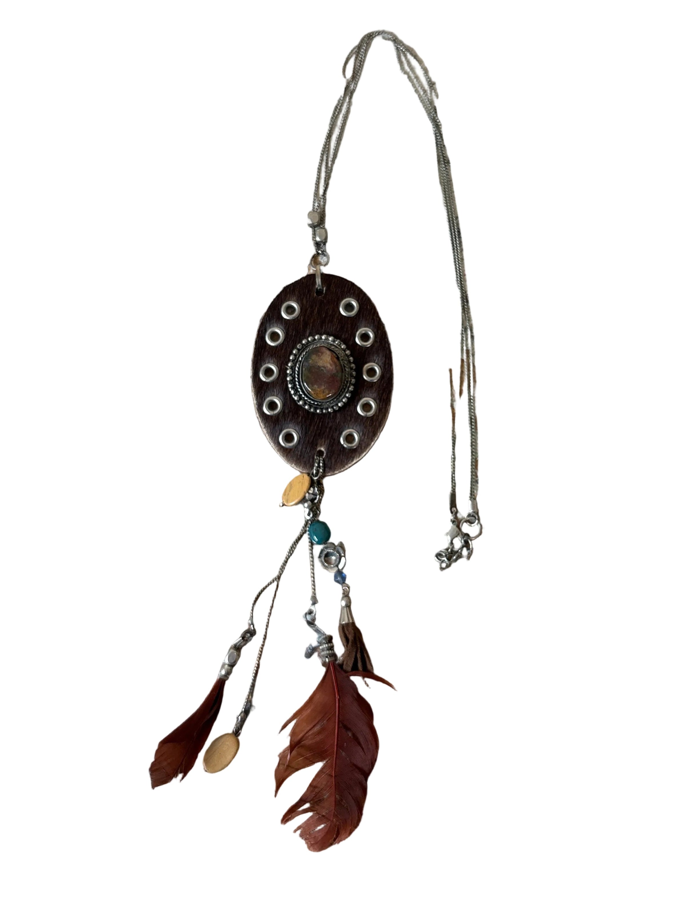 Boho Feather & Cowhide Necklace