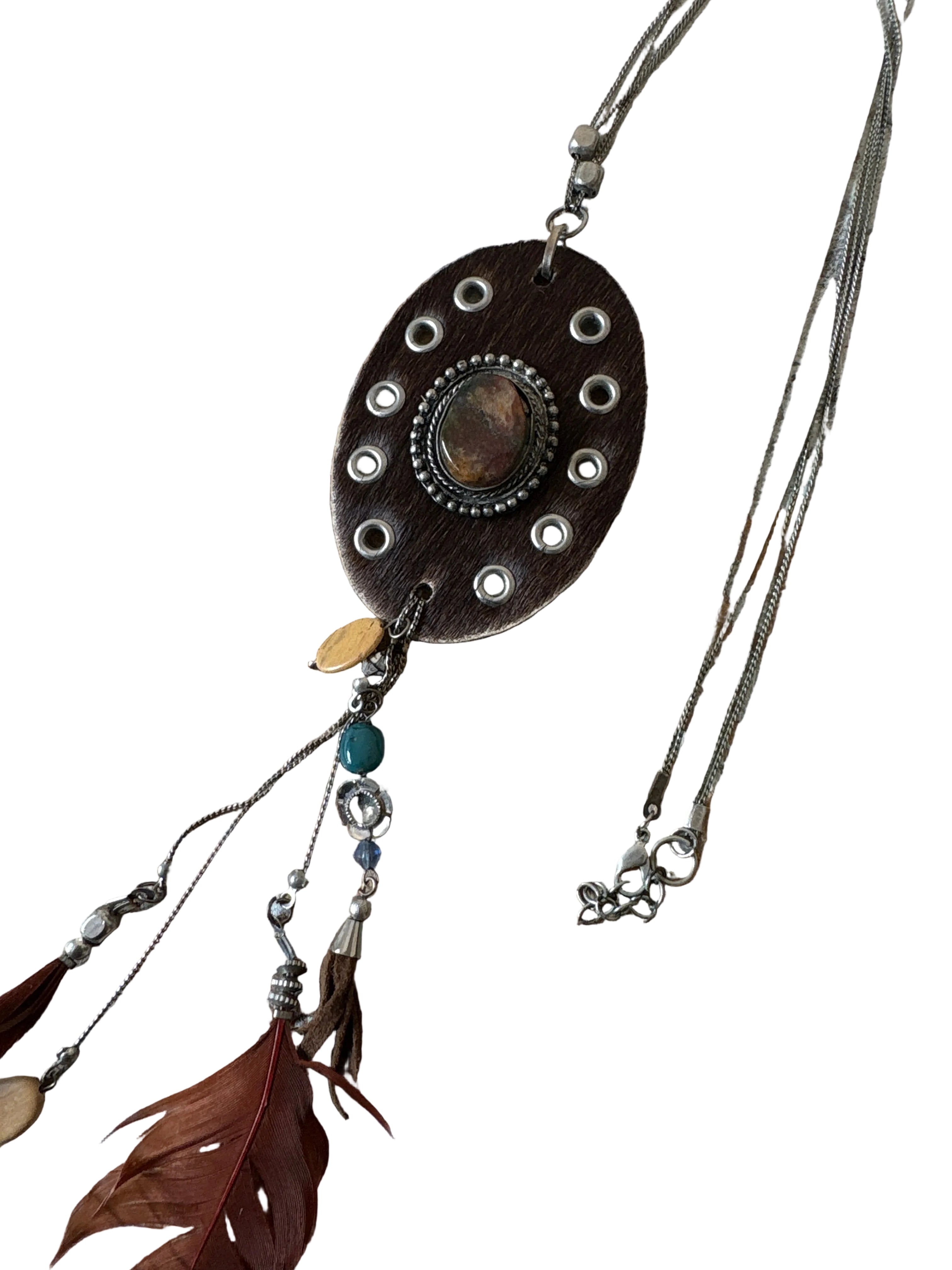 Boho Feather & Cowhide Necklace