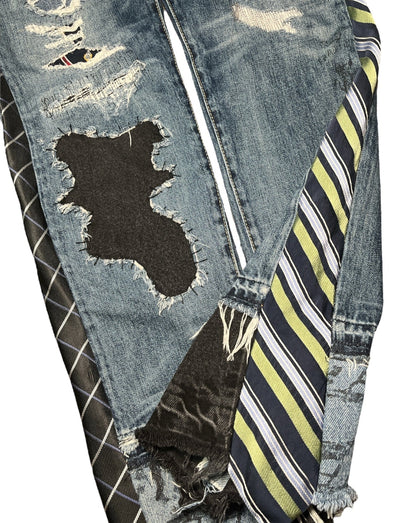 Preppy Punk Tie Patchwork Jeans- L