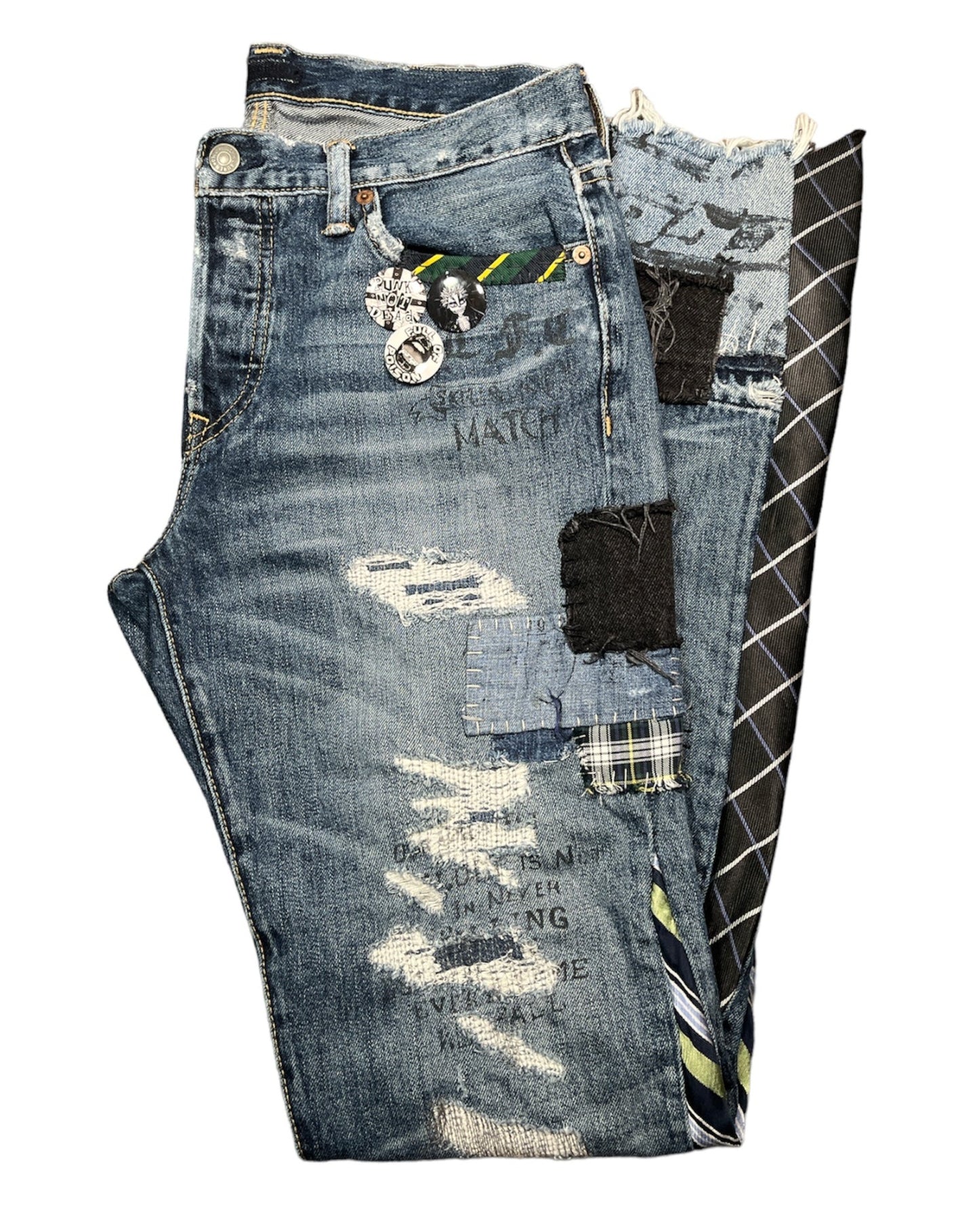 Preppy Punk Tie Patchwork Jeans- L