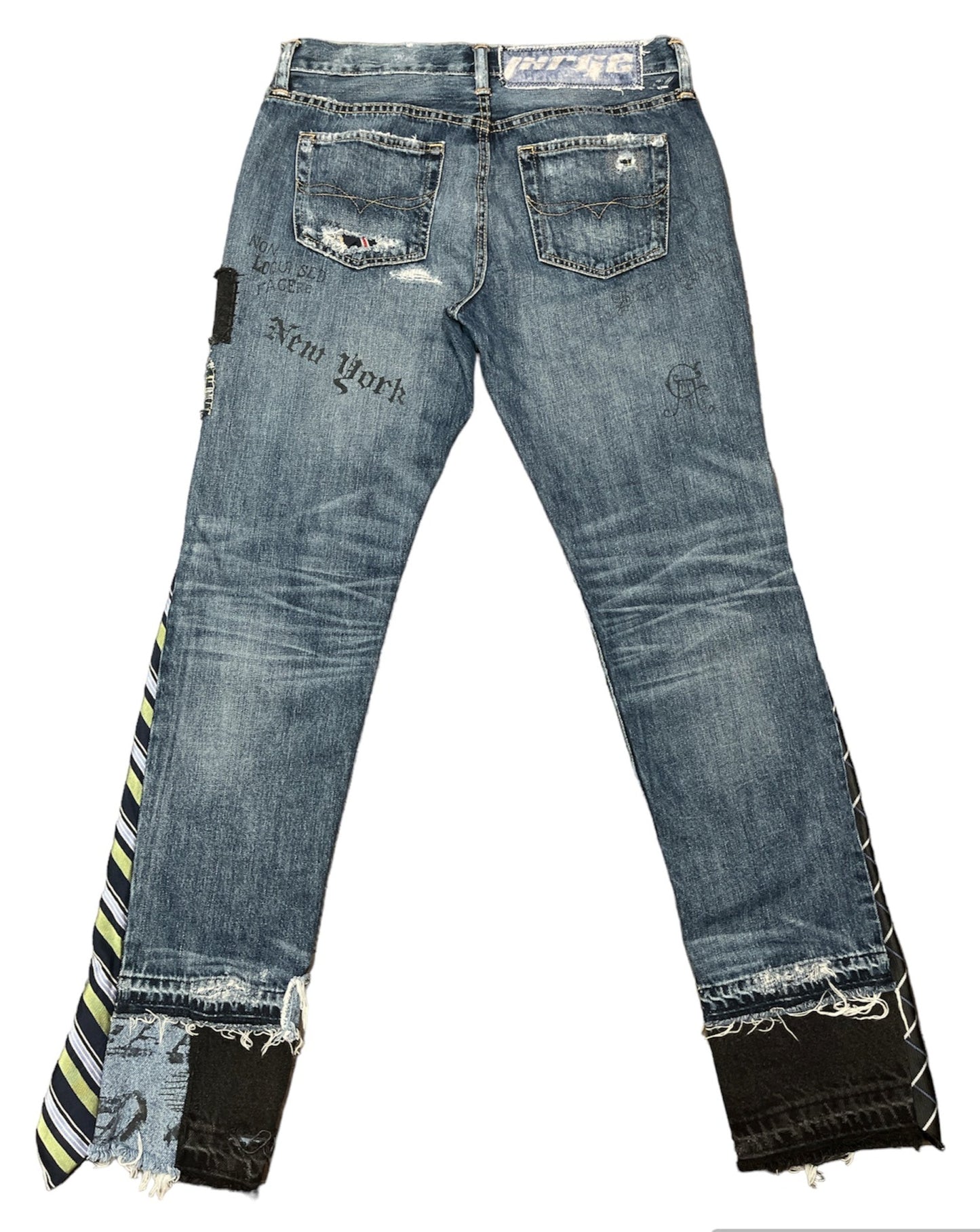 Preppy Punk Tie Patchwork Jeans- L