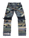 Patchwork pants with various patterns and textures on a white background
