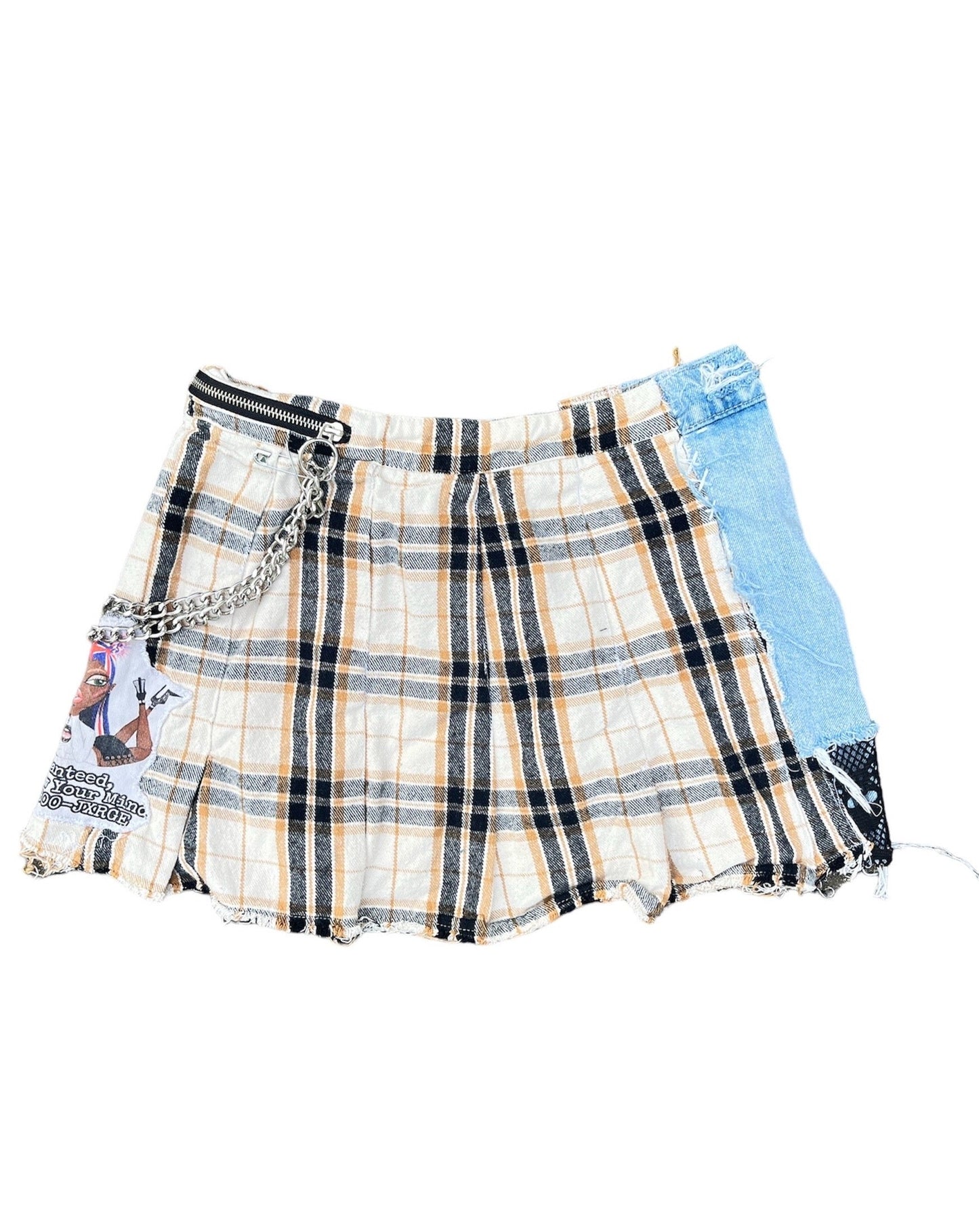 Patchwork Plaid & Denim Hybrid Skirt- S