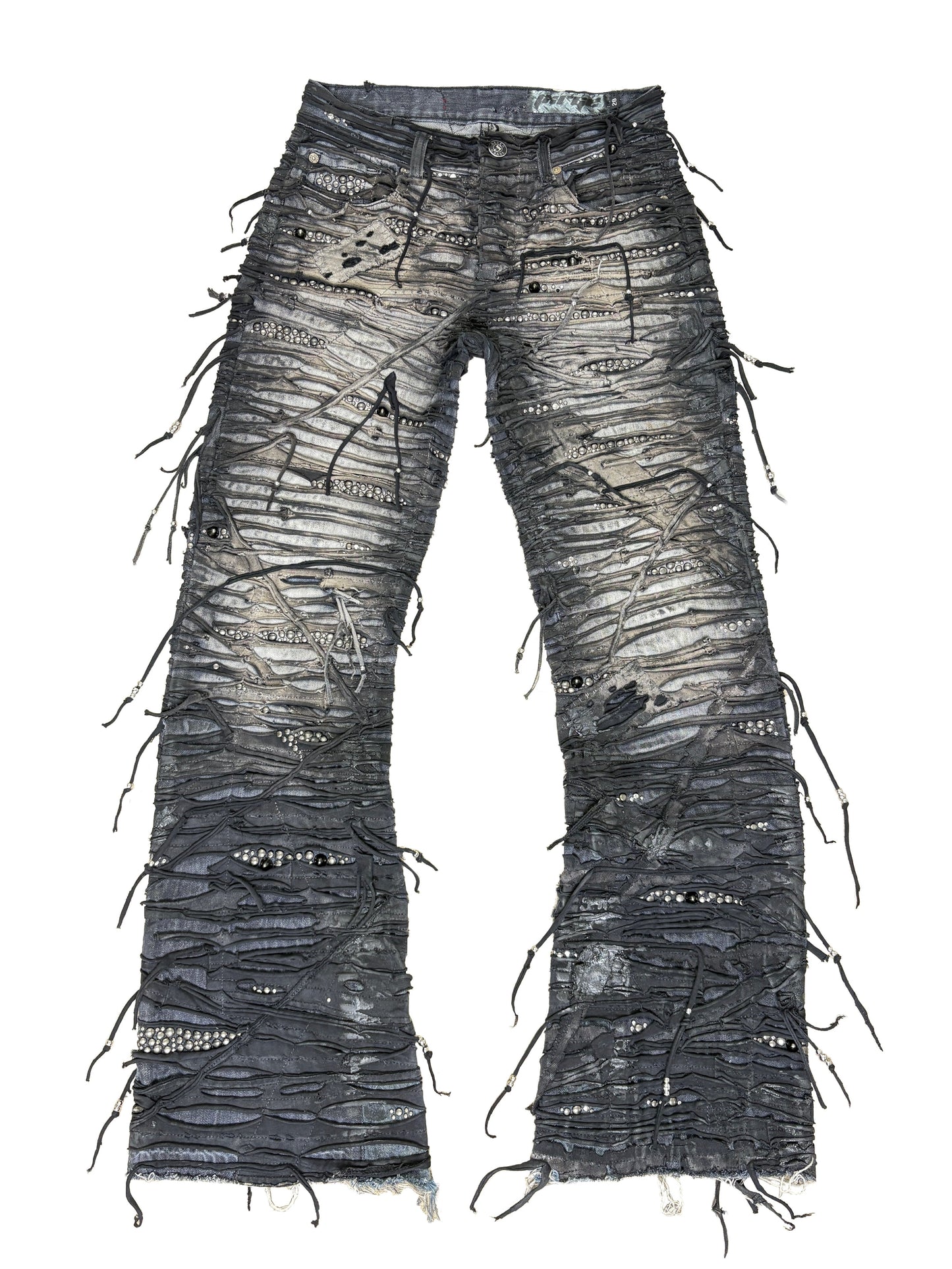 Vintage, Distressed, Denim, Studded, Tassels, Beaded, Fringe, Boho, Western, Rocker, Streetwear, Embellished, Ripped, Frayed, Festival, Y2K, Aesthetic, Metallic, Silver, Beads, Punk, Grunge, Hand-detailed, Cowgirl, Statement