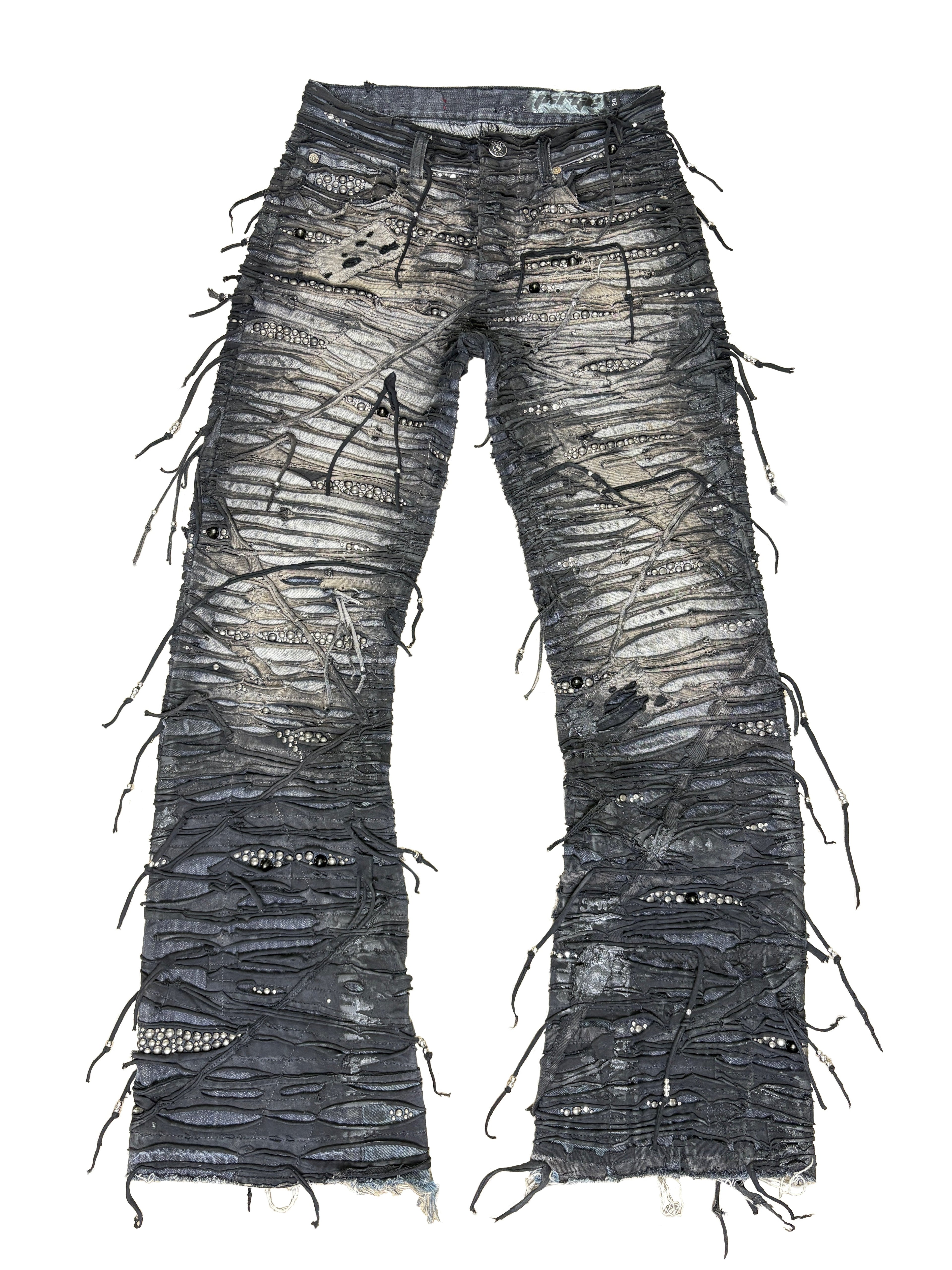 Vintage, Distressed, Denim, Studded, Tassels, Beaded, Fringe, Boho, Western, Rocker, Streetwear, Embellished, Ripped, Frayed, Festival, Y2K, Aesthetic, Metallic, Silver, Beads, Punk, Grunge, Hand-detailed, Cowgirl, Statement