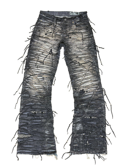 Vintage, Distressed, Denim, Studded, Tassels, Beaded, Fringe, Boho, Western, Rocker, Streetwear, Embellished, Ripped, Frayed, Festival, Y2K, Aesthetic, Metallic, Silver, Beads, Punk, Grunge, Hand-detailed, Cowgirl, Statement